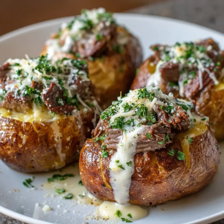 Steak-Stuffed Baked Potatoes with Parmesan Cream Sauce