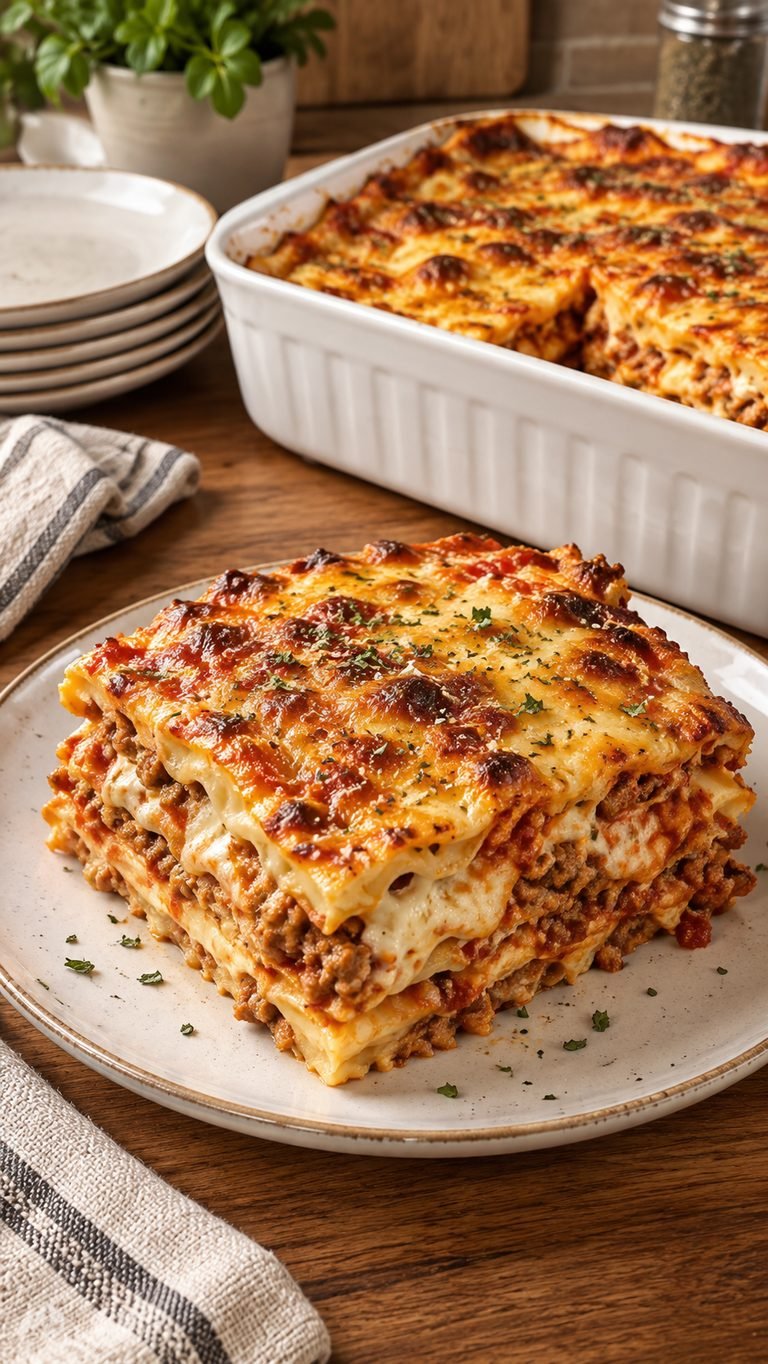 Lasaña casera cremosa, gratinada y llena de sabor