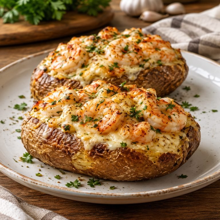 Papas al horno rellenas de camarones al ajillo con queso: receta fácil, cremosa y muy sabrosa