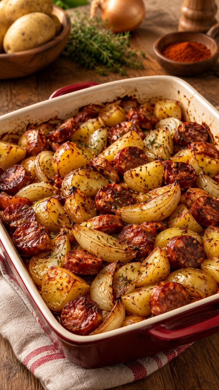 Papas, cebolla y chorizo al horno: receta casera, dorada y muy sabrosa