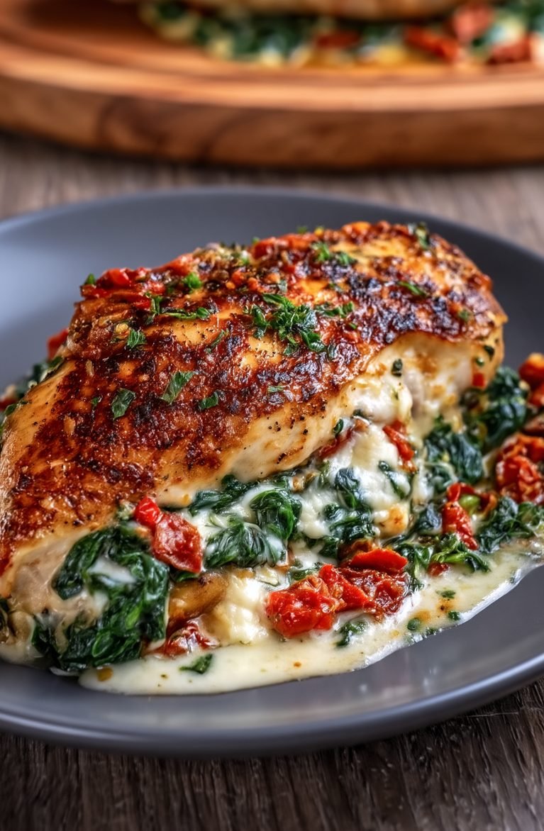Pollo Relleno de Tomate Seco, Espinacas y Queso: receta jugosa, elegante y muy fácil de hacer