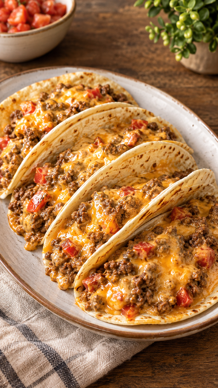 Cheesy Rotel Beef Soft Tortilla Tacos: tacos cremosos, sabrosos y muy fáciles de preparar