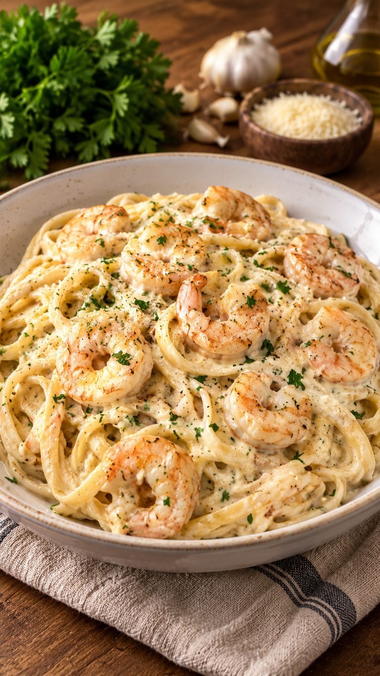 Shrimp Alfredo Fettuccine con cremosa salsa de ajo