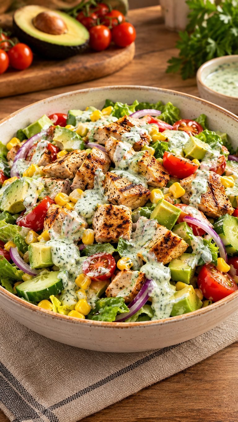 Fresh grilled chicken avocado salad with corn, cucumber, tomatoes, red onion, and creamy herb dressing: ensalada completa, fresca y muy sabrosa