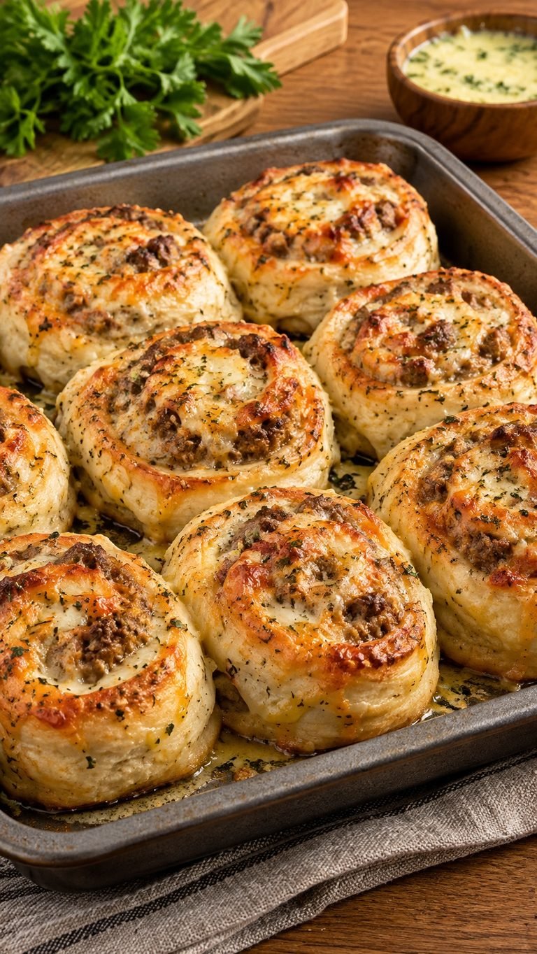 Rollitos de Cheeseburger con Mantequilla de Ajo: bocados jugosos, crujientes y muy fáciles de preparar