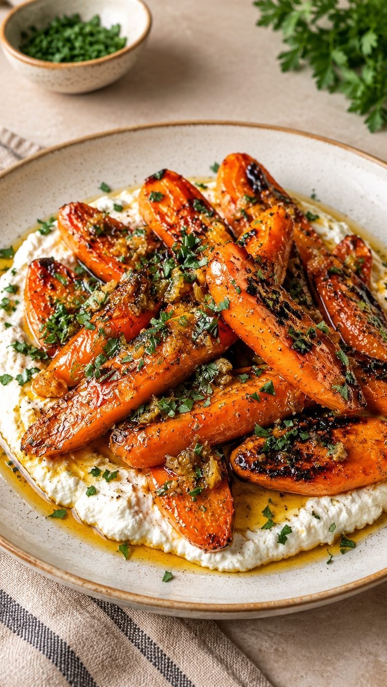 Honey-Glazed Roasted Carrots on Whipped Feta: zanahorias asadas con miel sobre feta batido