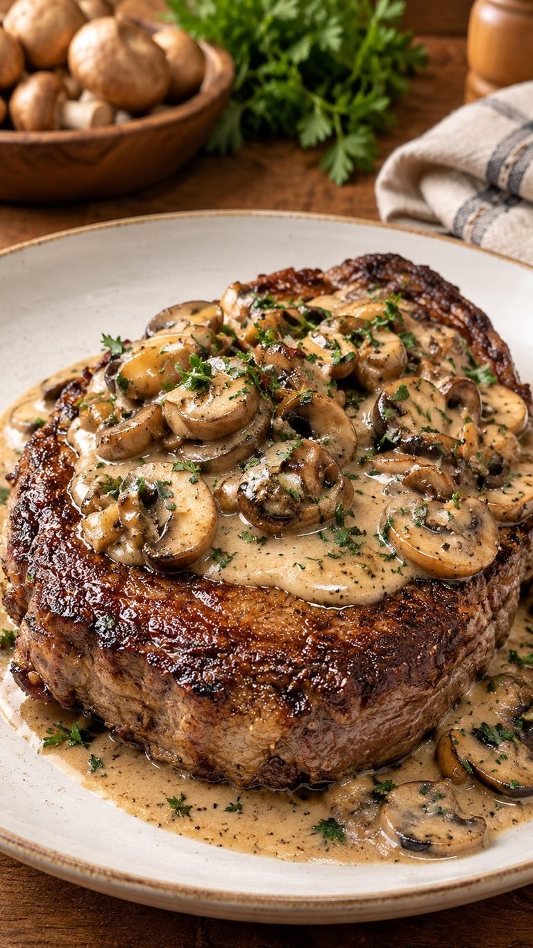Juicy ribeye steak with creamy garlic mushroom sauce: un entrecot jugoso con salsa cremosa y llena de sabor
