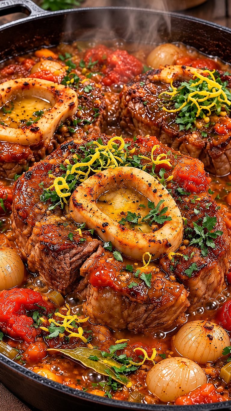Osso Buco a Fuego Lento: tierna carne de res con salsa de tomate rica y tuétano mantecoso