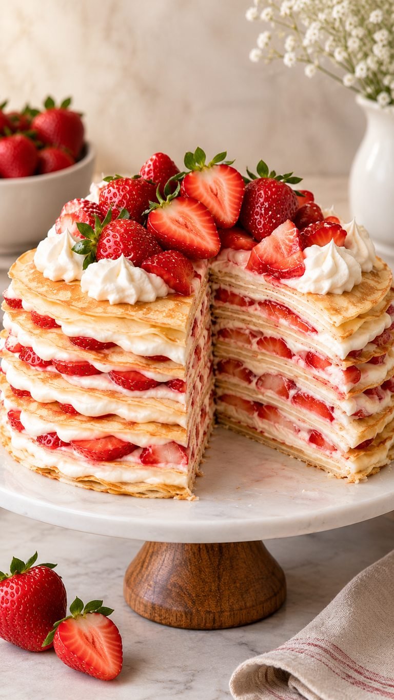 Torta de Panqueques de Crema y Frutilla: postre frío, suave y muy vistoso