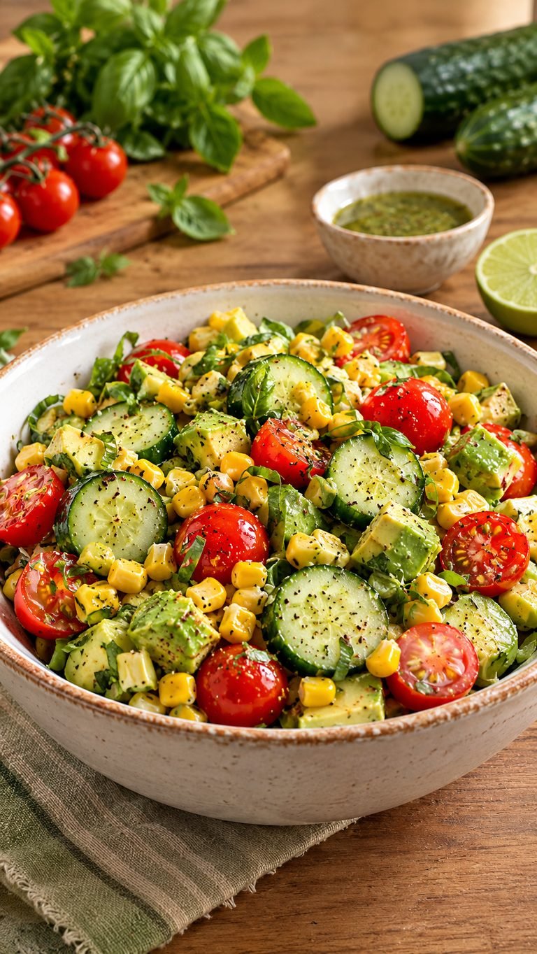 Fresh Corn Cucumber Tomato Salad with Basil Lime Dressing: ensalada fresca, colorida y muy fácil